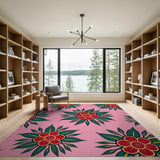 Bold Red Flowers on Vibrant Pink Area Rug