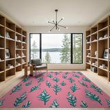 Blush Pink Teal Fern Leaf Area Rug