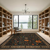 Black Persian Floral Area Rug with Orange Blooms