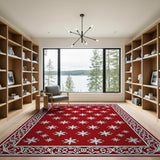 Geometric Modern Red Snowflake Area Rug with Ornate Border