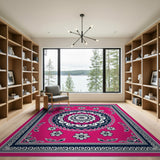 Vibrant Pink Mandala Persian Rug with Navy Borders