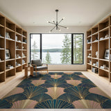 Teal Gold Fan Geometric Area Rug