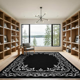 Ornate Floral Vine Oval Black White Area Rug