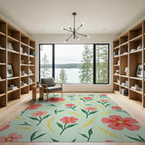 Pink Cosmos Floral Area Rug on Mint Green
