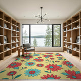 Vibrant Red Teal Daisy Floral Area Rug