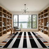 Bold Black White Striped Area Rug with Orange Accents