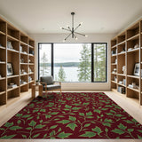 Lush Green Leaves on Deep Maroon Floral Area Rug
