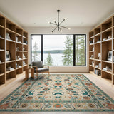 Cream Persian Rug with Teal Birds and Floral Motifs