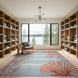 Coral Reef Seashell Blue Striped Coastal Rug