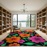 Vibrant Orange Pink Hibiscus Floral Area Rug