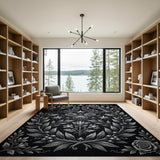 Ornate Black White Laurel Rose Area Rug