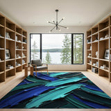 ODIKA Abstract Teal & Blue Brushstroke Washable Area Rug - Low Pile, Non-Slip & Pet Friendly