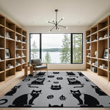 Spooky Black Cat Halloween Grey Rug