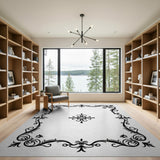 Black and White Ornate Floral Scrollwork Black White Area Rug