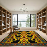 Washable Vintage Black Cat Floral Yellow Area Rug