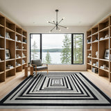 Black White Concentric Maze Area Rug