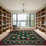 Festive Reindeer Holly Christmas Area Rug