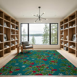 Teal Holly Berry Snowflake Area Rug