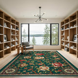 Emerald Green Peony Persian Area Rug