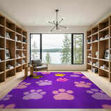 Purple Shag Area Rug with Colorful Paw Prints