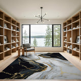 ODIKA Modern Black and Gold Marble Washable Rug, Low Pile Non-Slip Area Rug