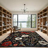 Vintage Red Poppy Floral Black Area Rug