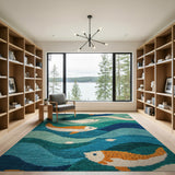 Teal Koi Fish Wave Area Rug