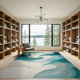 Washable Modern Abstract Teal Wave Area Rug