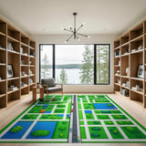 Kids Cartoon Town Map Area Rug - Vibrant Green Village Play Mat