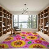 Vibrant Pink Sunflower Floral Area Rug