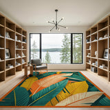 Vibrant Palm Leaf Area Rug in Orange and Teal