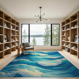 Coastal Beach Dynamic Ocean Waves Blue Teal Area Rug