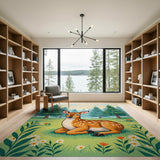 Whimsical Cartoon Fawn in Forest Meadow Area Rug