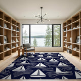 Navy Sailboat Waves Area Rug