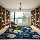 Navy Blue Floral Area Rug with Yellow Peonies Teal Leaves