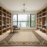 Beige Area Rug with Ornate Brown Floral Border