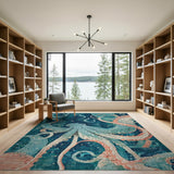 Blue and Teal Teal Octopus Deep Sea Area Rug