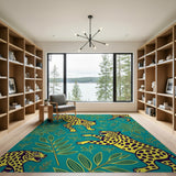 Bold Yellow Leopard Teal Leaf Area Rug