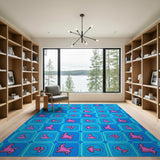 Blue Grid Pink Abstract Geometric Area Rug