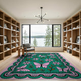 Whimsical Pink Butterflies Floral Green Rug