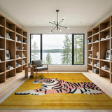 Playful Pink Tiger on Vibrant Yellow Area Rug