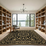 Gold and Silver Ornate Gold Filigree Black Area Rug
