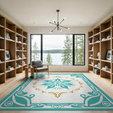 Blue and Teal Teal Gold Floral Medallion Area Rug