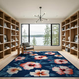 Blue and Teal Navy Hibiscus Floral Area Rug