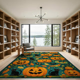 Whimsical Halloween Pumpkins Black Cats Area Rug