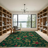Emerald Green Gold Leaf Red Berry Floral Rug