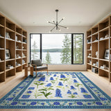 ODIKA Blue Lupine Botanical Washable Area Rug - Non-Slip Low Pile Carpet