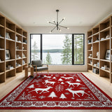 Festive Red Reindeer and Pine Tree Area Rug