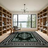 Ornate Teal Floral Black Area Rug