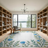 Cornflower Blue Floral Leaf Border Area Rug